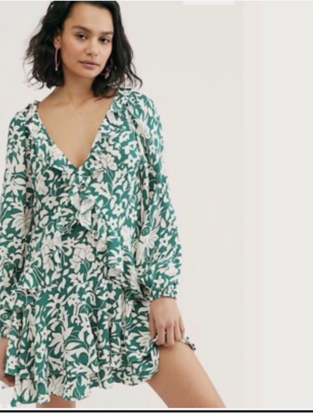 Free People Green and White Floral Ruffle Mini Dress